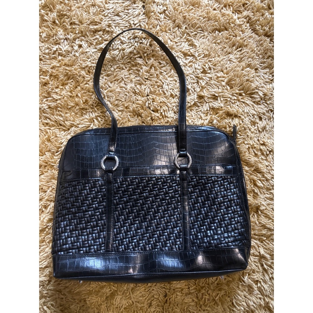 Coldwater Creek Black Woven faux Croc Embossed Laptop Briefcase Work Tote Bag